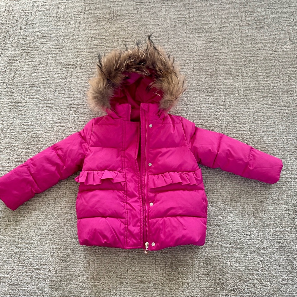 duck down Pink Kids Winter Jacket with real Faux Fur Hood